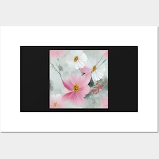 Pink Cosmos Floral Chiyogami Pattern Posters and Art